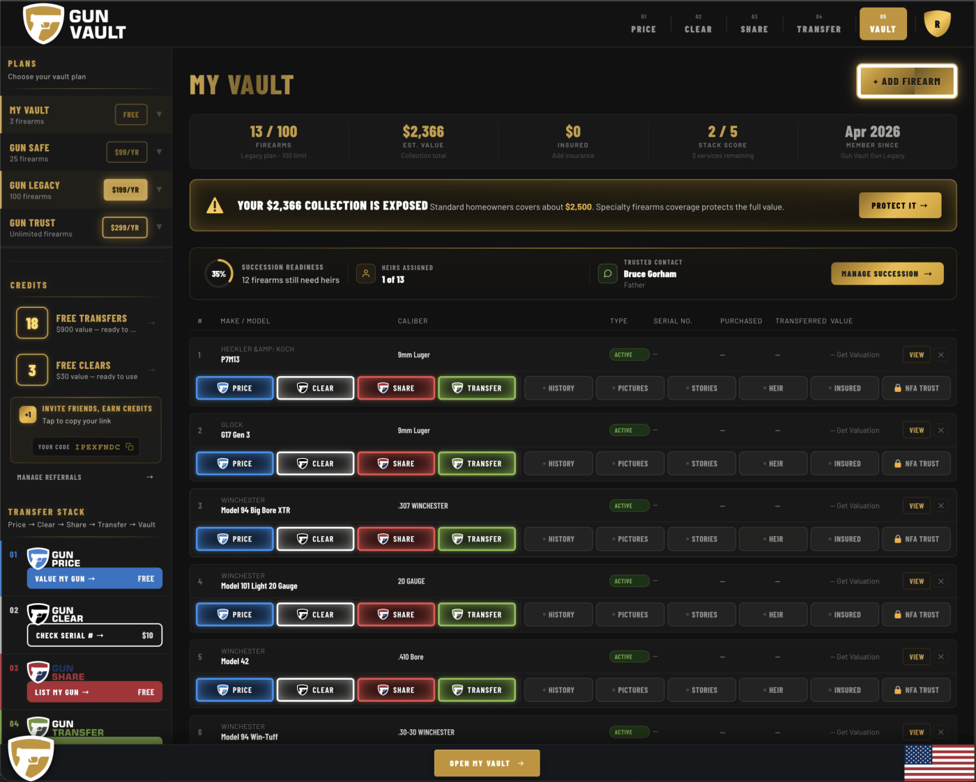 Gun Vault dashboard